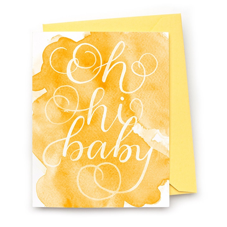 Image of a hand-lettered watercolor card saying "Oh hi baby" by CharmCat | charmcat.net