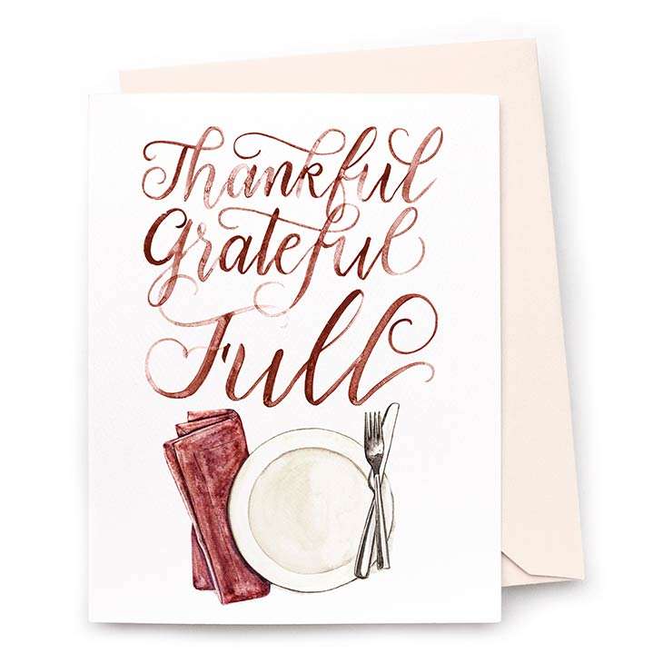 Image of a hand-lettered watercolor card saying “Thankful Grateful Full” with a plate and utensils in watercolor | Original greeting cards painted in watercolor by CharmCat | charmcat.net