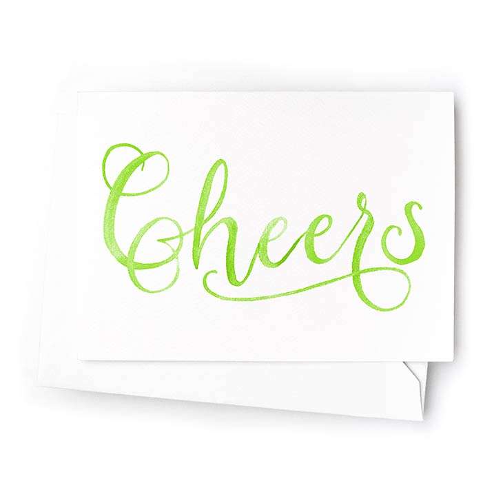 Image of a hand-lettered mini watercolor card saying “Cheers” | Original greeting cards painted in watercolor by CharmCat | charmcat.net