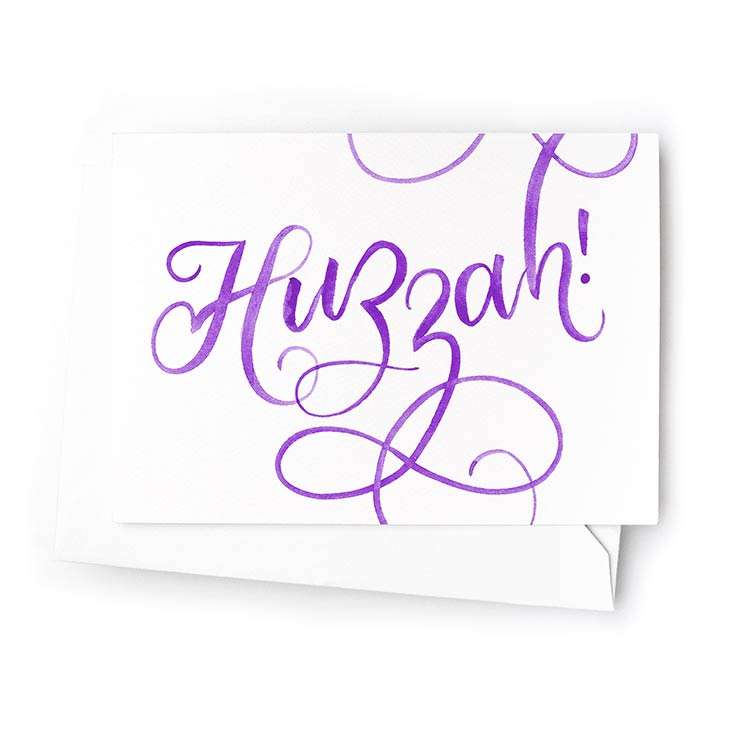 Image of a hand-lettered mini watercolor card saying “Huzzah” | Original greeting cards painted in watercolor by CharmCat | charmcat.net