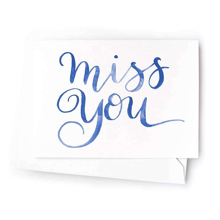 Image of a hand-lettered mini watercolor card saying “miss you” | Original greeting cards painted in watercolor by CharmCat | charmcat.net