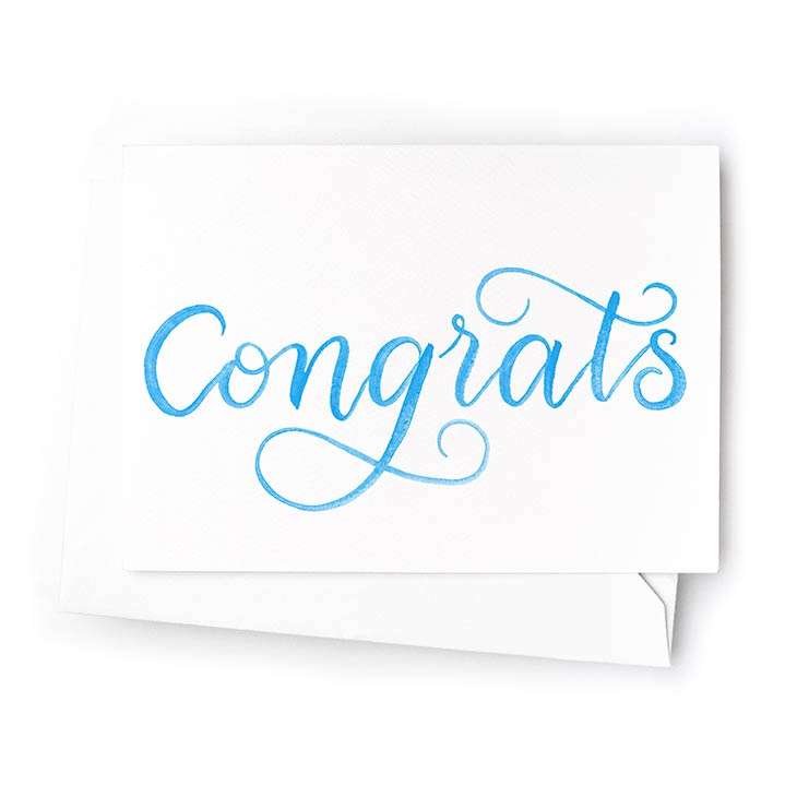 Image of a hand-lettered mini watercolor card saying “congrats” | Original greeting cards painted in watercolor by CharmCat | charmcat.net