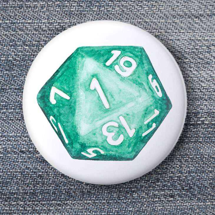 Natural 1 D20 Compostable Pin-Back Button — Dungeons and Dragons Nerd Pin Flair, 2.25 Inch