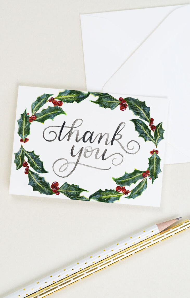 Winter thank you card with a watercolor holly wreath and hand lettering | CharmCat Creative charmcat.net