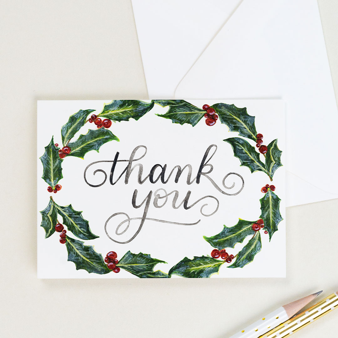 Winter thank you card with a watercolor holly wreath and hand lettering | CharmCat Creative charmcat.net