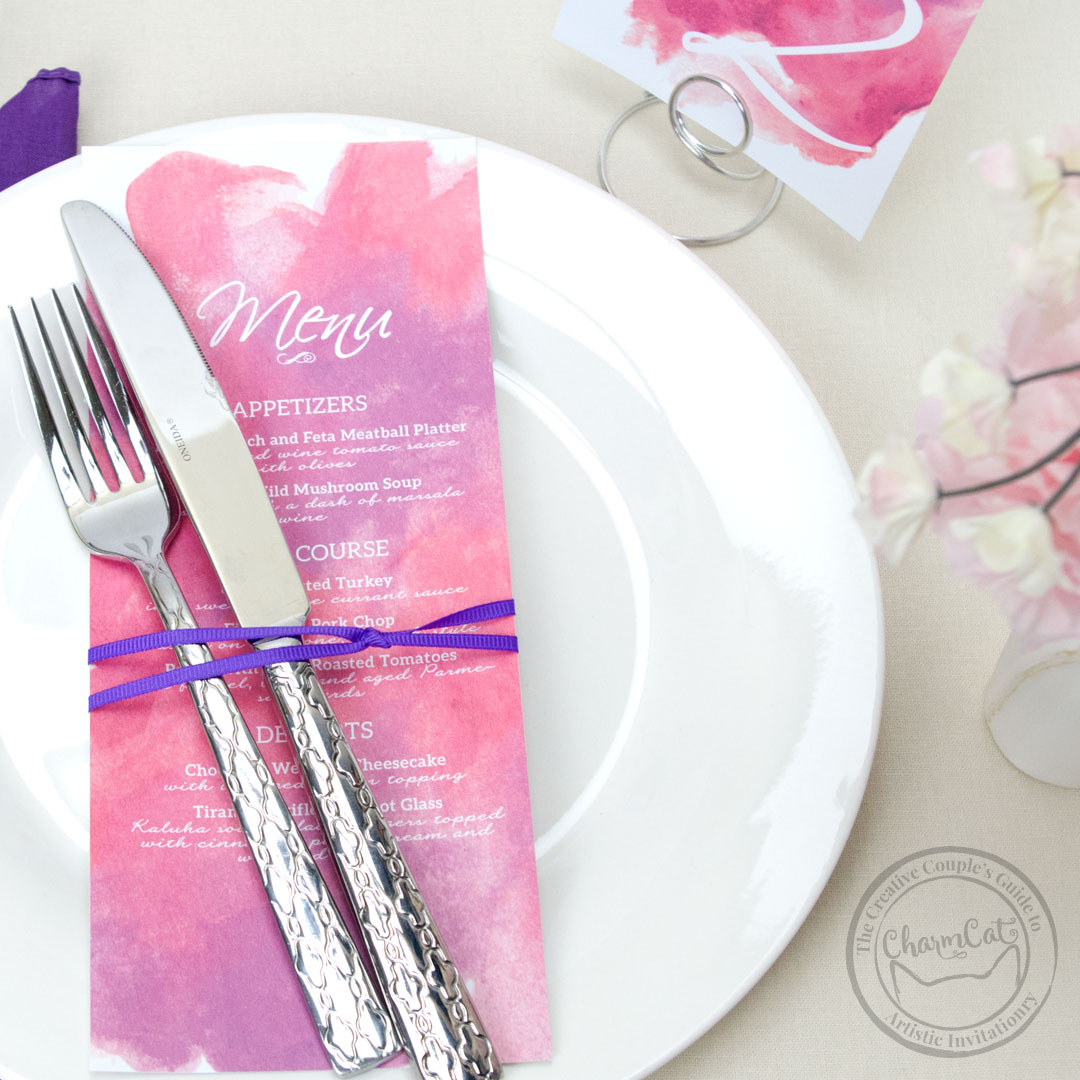 Hand painted, bold brushstrokes make the Aquarelle suite one of a kind! Mix it up and pick any color for the background of your menus, table numbers, and place cards.