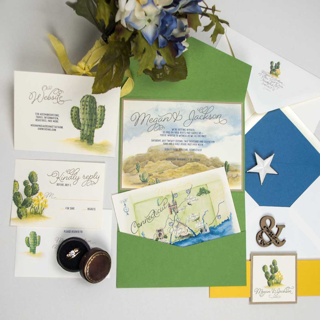 A wedding invitation featuring a beautiful southwest landscape inspired by the painting of Georgia O'Keeffe, with cactus and yellow flower accents. | Wedding Invitations by CharmCat | charmcat.net | CharmCat is a watercolor artist specializing in creating uniquely artistic stationery for weddings, birthdays, parties, offices, and everyday.