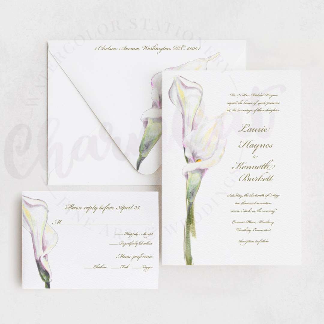 Blush watercolor calla lily wedding invitation