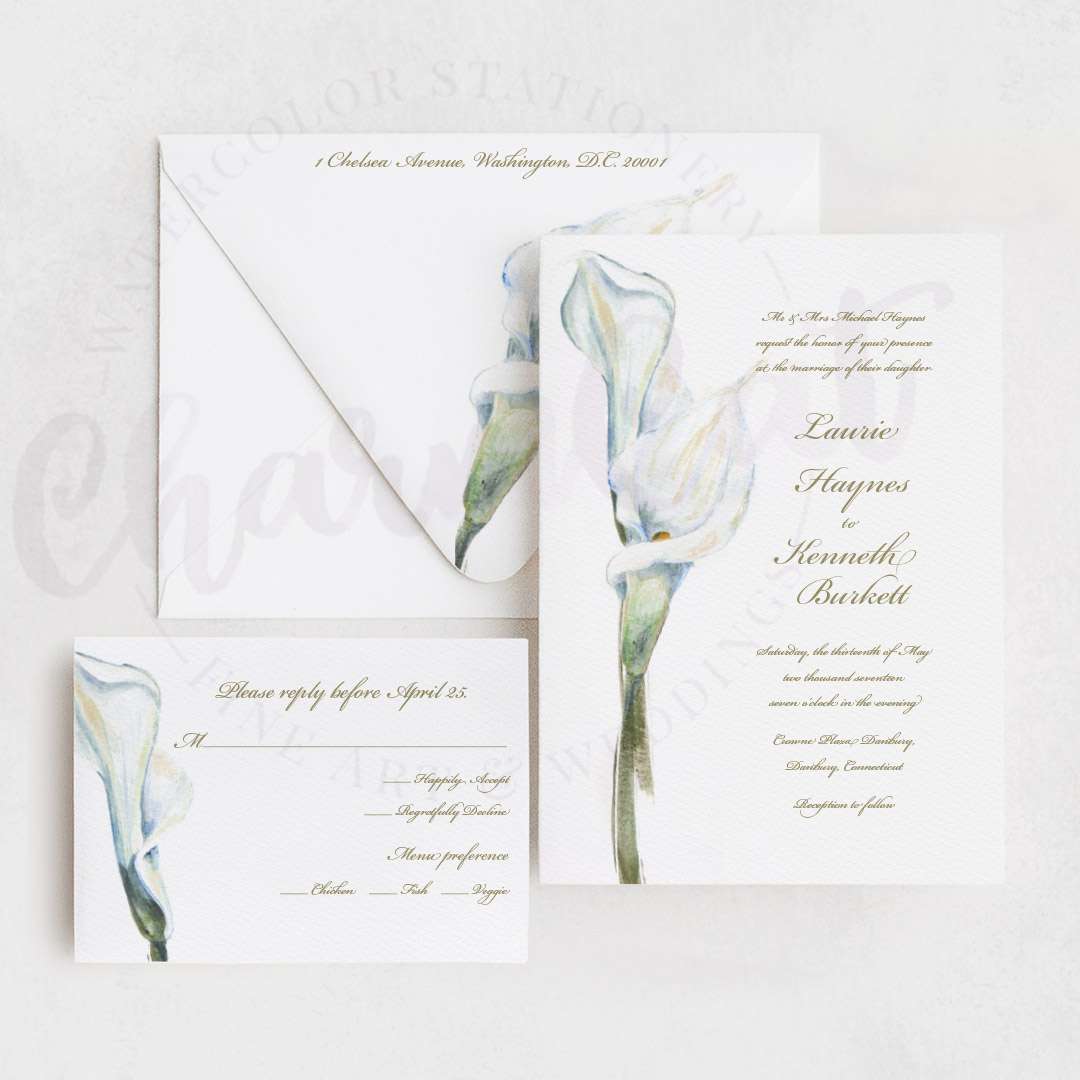 Platinum watercolor calla lily wedding invitation