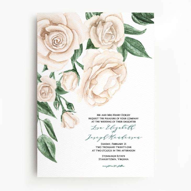 Champagne colored watercolor of cascading roses wedding invitation.