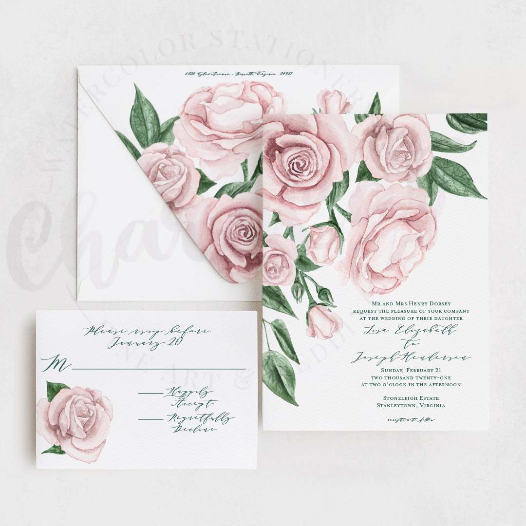 Dusty rose colored watercolor of cascading roses wedding invitation.