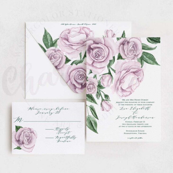 Lavender colored watercolor of cascading roses wedding invitation.