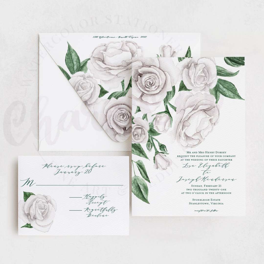 White colored watercolor of cascading roses wedding invitation.