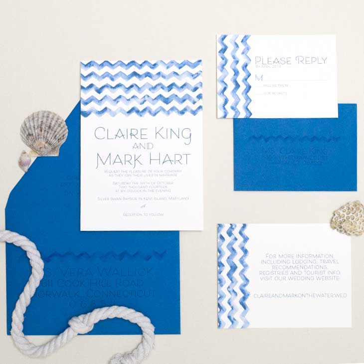 A chevron wedding suite with a watercolor twist. | Wedding Invitations by CharmCat Stationery & Design