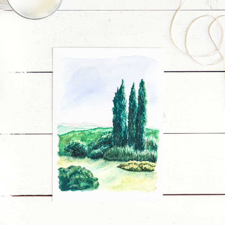 Watercolor landscape with mountains and cypress trees by CharmCat
