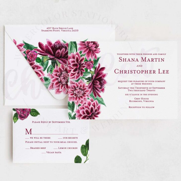 Maroon watercolor dahlia wedding invitation