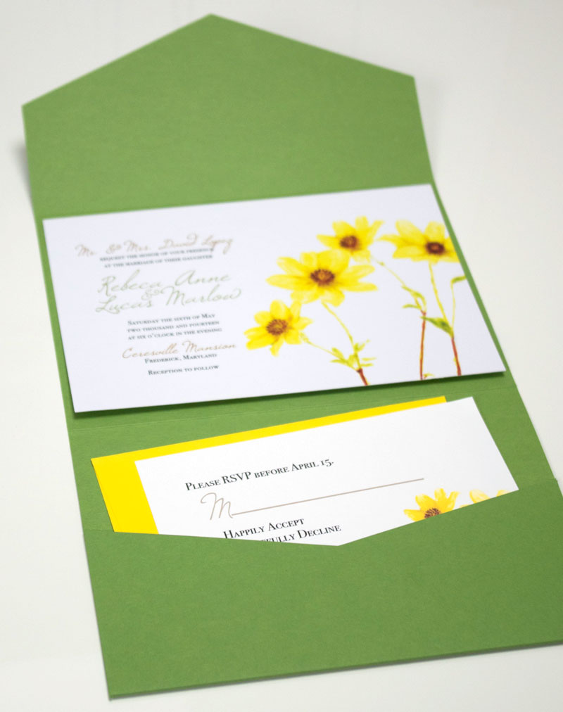 A green pocket wedding invitation with yellow daisy invite.