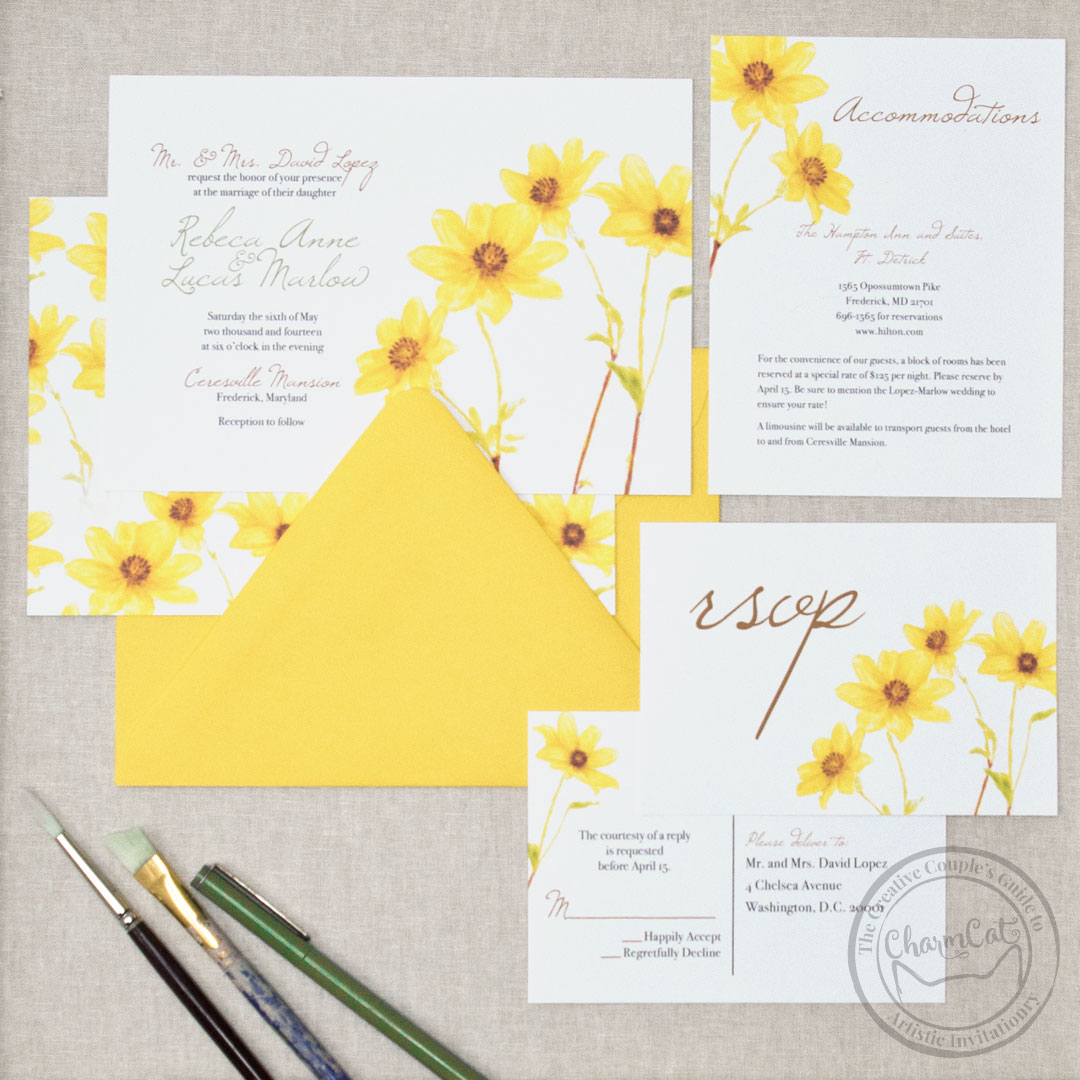 Bright and sunny! This wild daisy wedding invitation suite smiles right back at you.