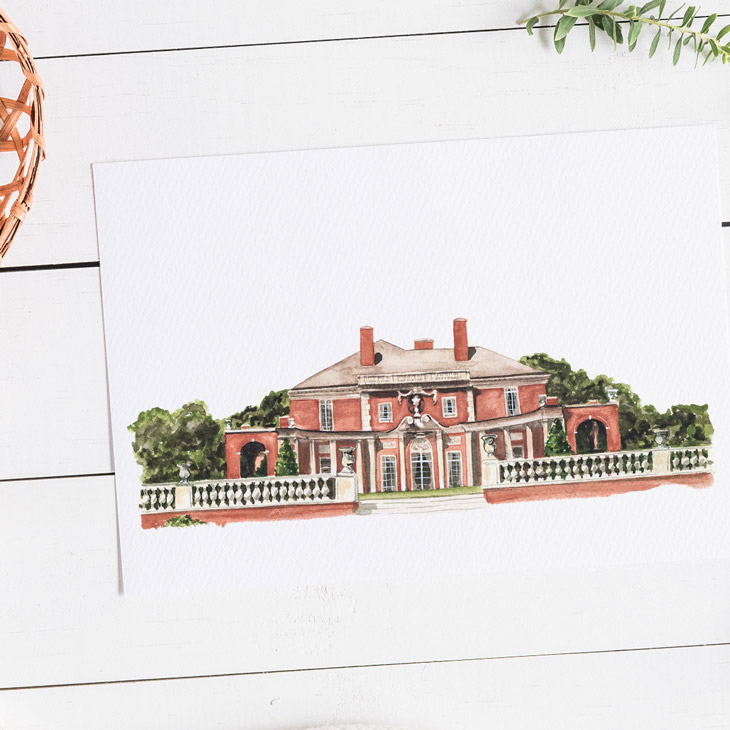 Custom watercolor painting of de Seversky Mansion in Brookville NY by CharmCat