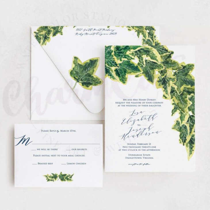 Green watercolor english ivy wedding invitation.