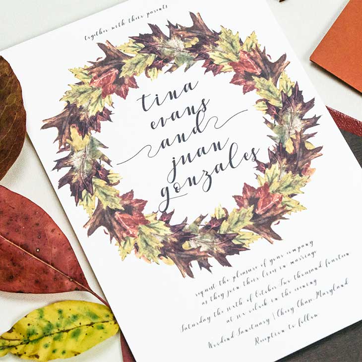 Fall Leaves Watercolor Wedding Invitation. This wedding invitation features colorful fall leaves in hand-painted watercolors. Reds, browns, yellows, and oranges. Customize with your own font choices. | Wedding Invitations by CharmCat | charmcat.net | CharmCat is a watercolor artist specializing in creating uniquely artistic stationery for weddings, birthdays, parties, offices, and everyday.