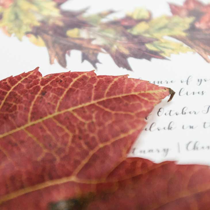 Fall Leaves Watercolor Wedding Invitation. This wedding invitation features colorful fall leaves in hand-painted watercolors. Reds, browns, yellows, and oranges. Customize with your own font choices. | Wedding Invitations by CharmCat | charmcat.net | CharmCat is a watercolor artist specializing in creating uniquely artistic stationery for weddings, birthdays, parties, offices, and everyday.