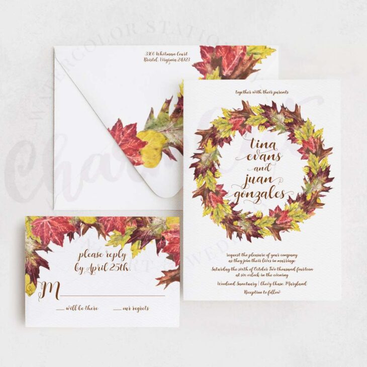 Watercolor fall leaves wreath wedding invitation.
