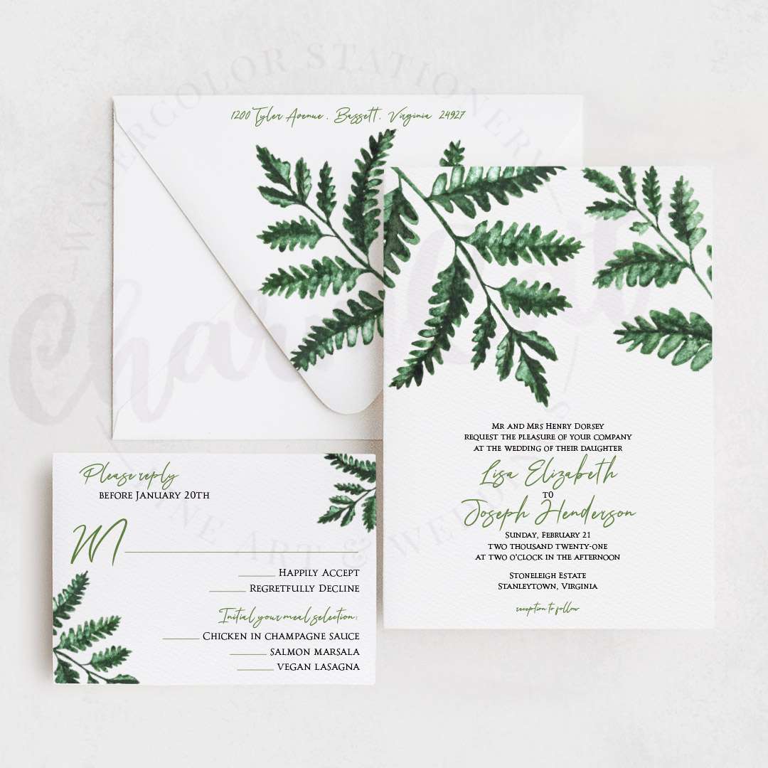 Green watercolor fern wedding invitation