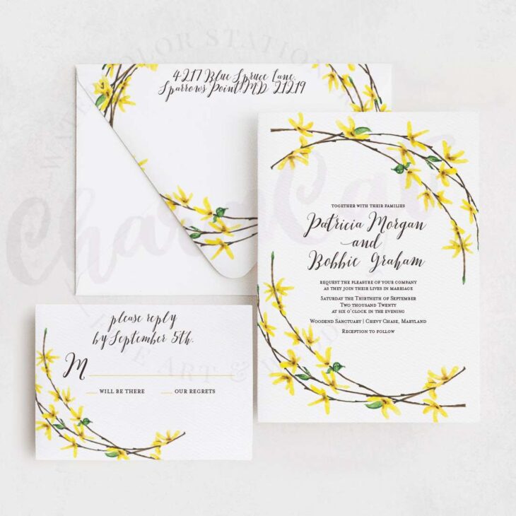 Yellow watercolor forsythia wedding invitation.