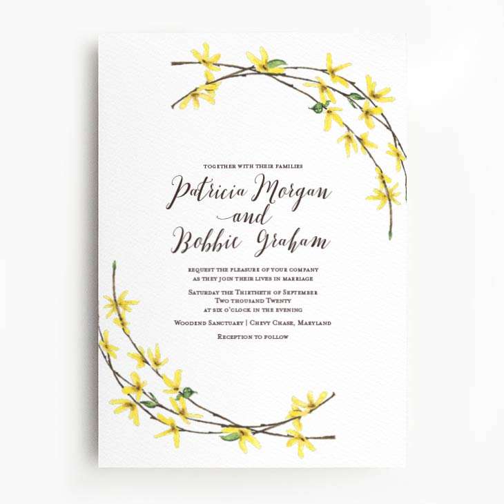 Yellow watercolor forsythia wedding invitation.