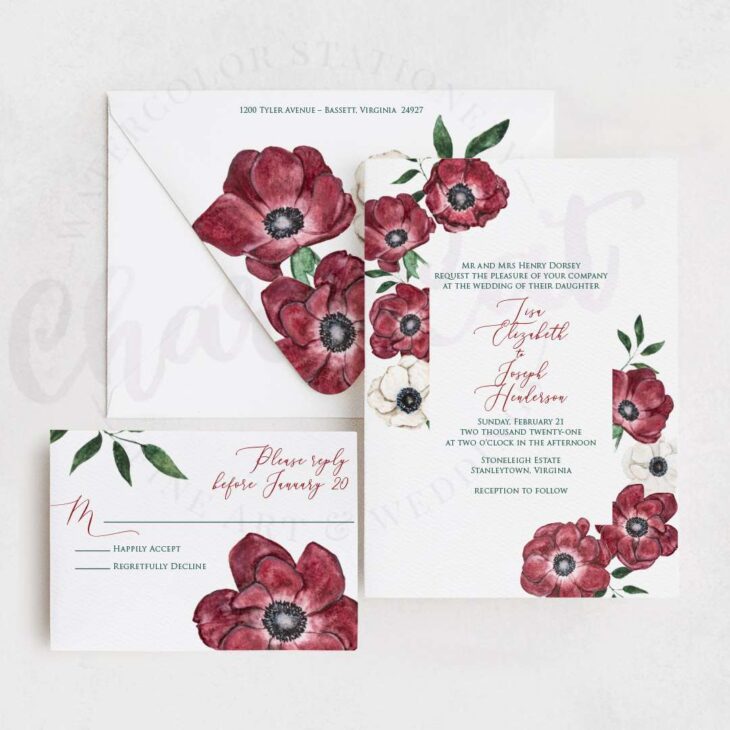 A wedding invitation with watercolor anemones in red.