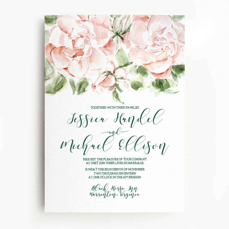 Coral watercolor gardenia wedding invitations