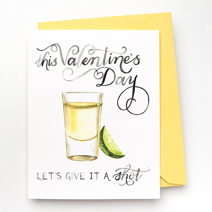 Image of a hand-lettered watercolor card saying "This Valentine's Day.... let's give it a shot" with a painted tequila shot and slice of lime by CharmCat | charmcat.net