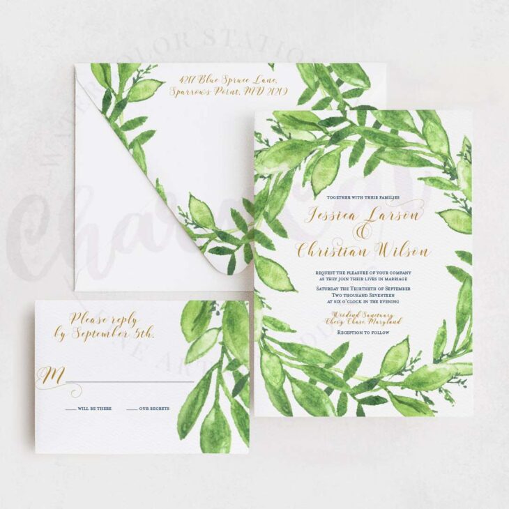 Watercolor greenery wreath wedding invitation.