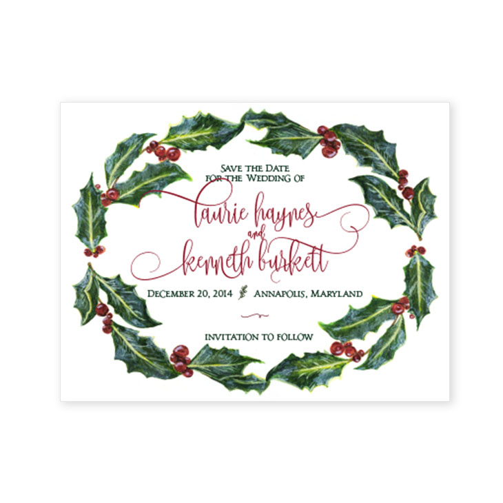 A classy winter wedding invitation suite with a holly wreath. | Wedding Invitations by CharmCat Stationery & Design