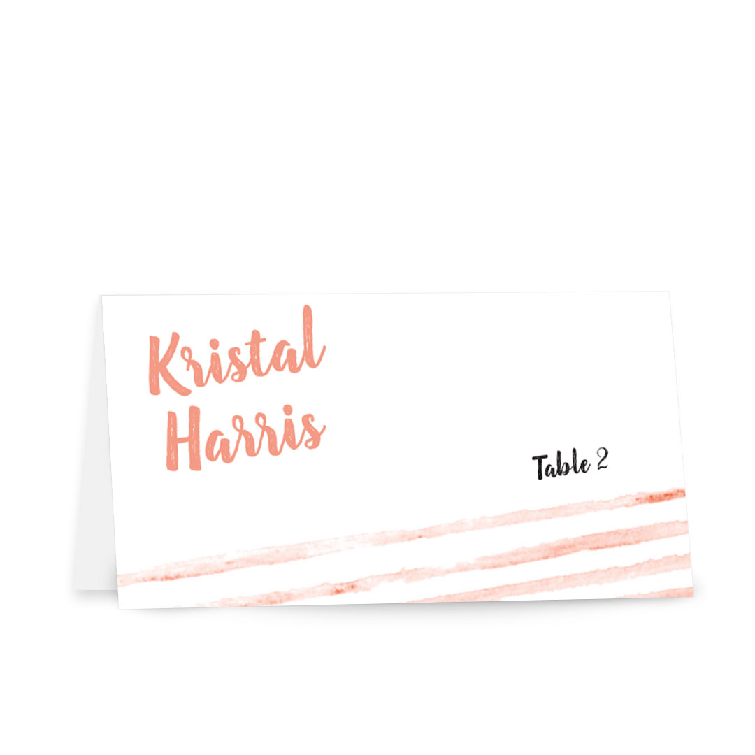Striped escort card or place card with watercolor stripes in coral