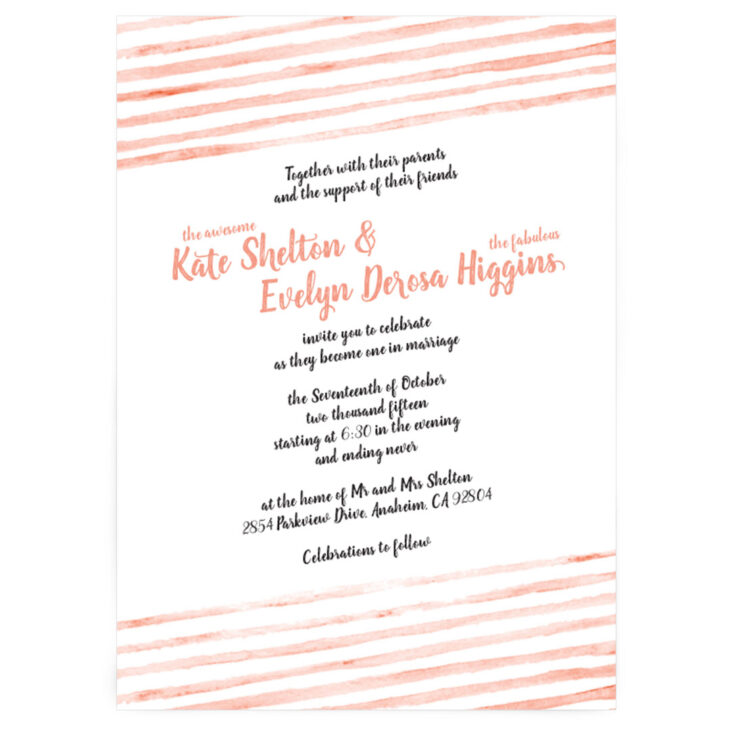 Striped wedding invitation with watercolor stripes in coral