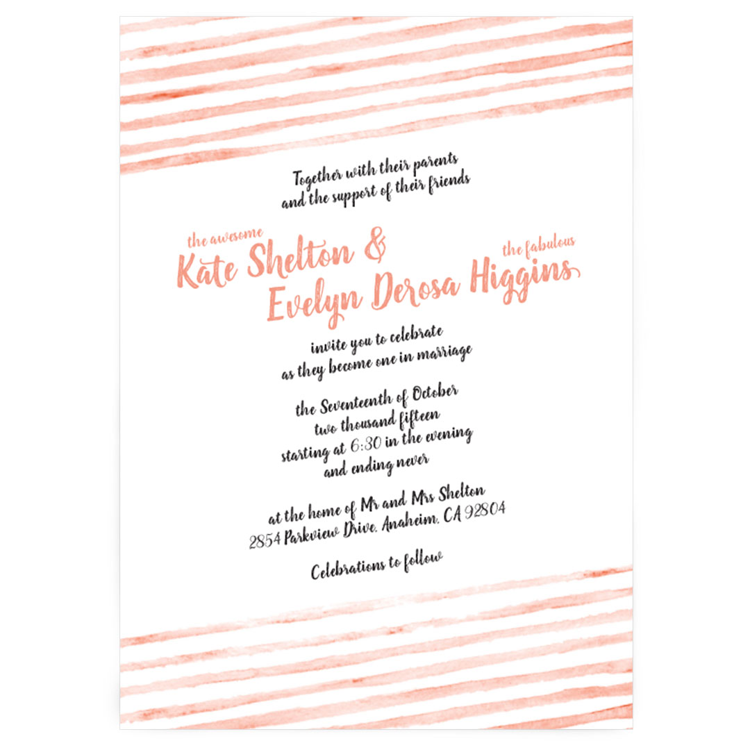Striped wedding invitation with watercolor stripes in coral