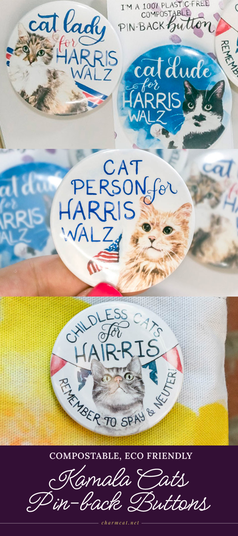 The Kamala Cats are here to save democracy! If you've been around here for a while, you know I'm peak childless cat lady, so how could I pass up the opportunity to create a mash up of my favorite things: civic engagement and animal welfare! The best part is since a portion of my profits goes to charity, and primarily to animal rescue, your purchase *might* actually help pay for a spay/neuter appointment for a low income family or colony manager. Designs available as pin-back buttons, totes, and a travel coffee mug.