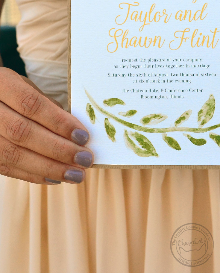 The laurel leaf is elegant and classic, so let it dress up your wedding stationery. Shown in moss and gold printed on cream paper. | Wedding Invitations by CharmCat
