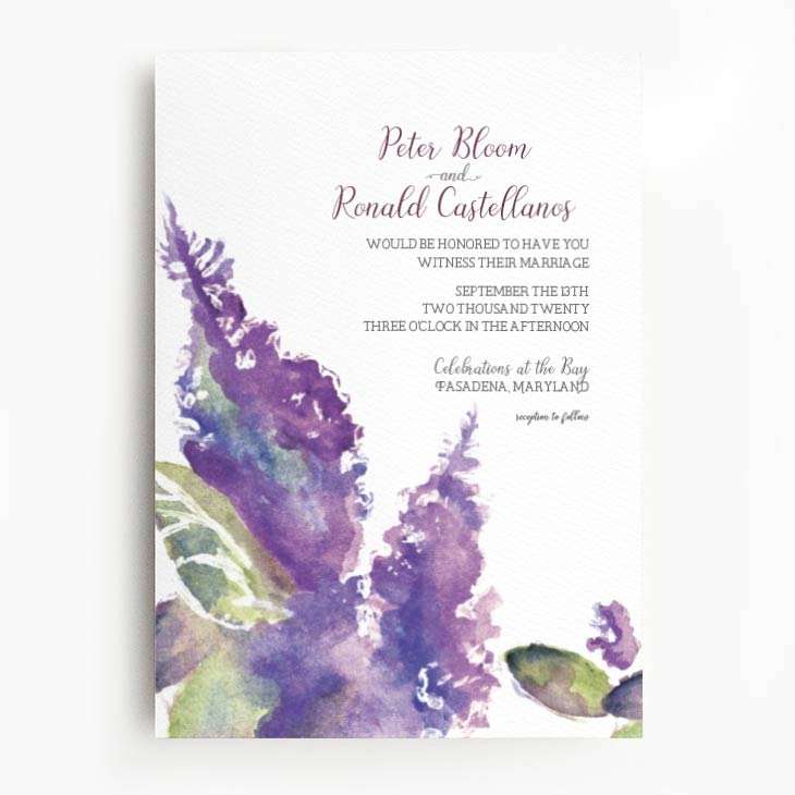 Orchid colored watercolor lilac delphinium wedding invitation