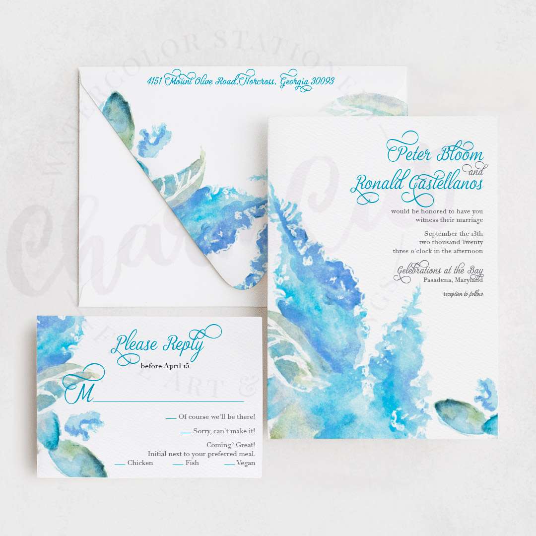 Sky colored watercolor lilac delphinium wedding invitation
