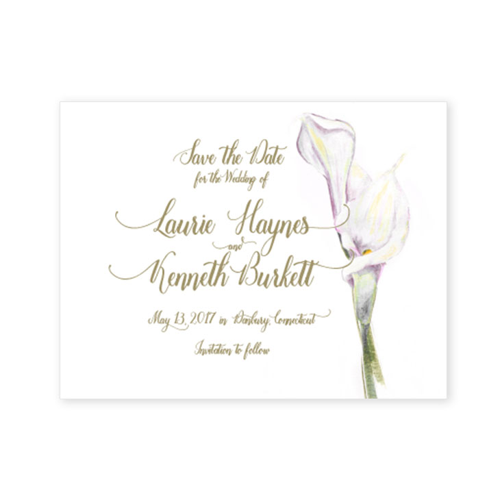 This suite features an ultra elegant watercolor painting of calla lilies. With soft colors and delicate detail, this design is perfect for a classic wedding style. | Wedding Invitations by CharmCat Stationery & Design