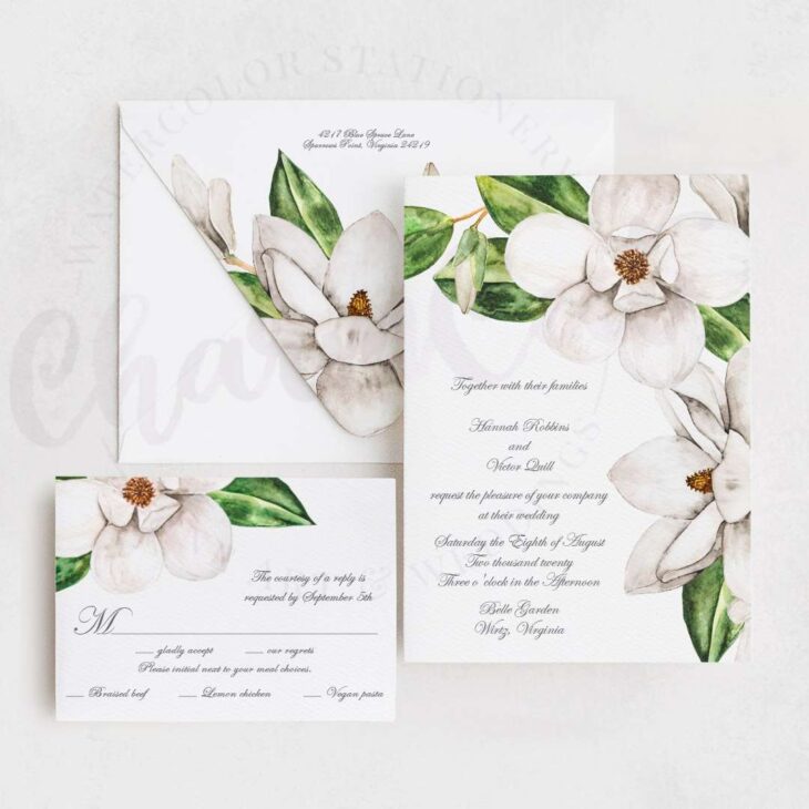 White watercolor magnolia wedding invitation