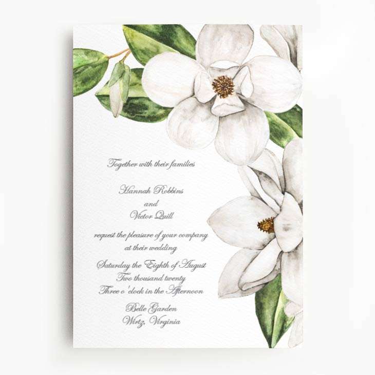 White watercolor magnolia wedding invitation