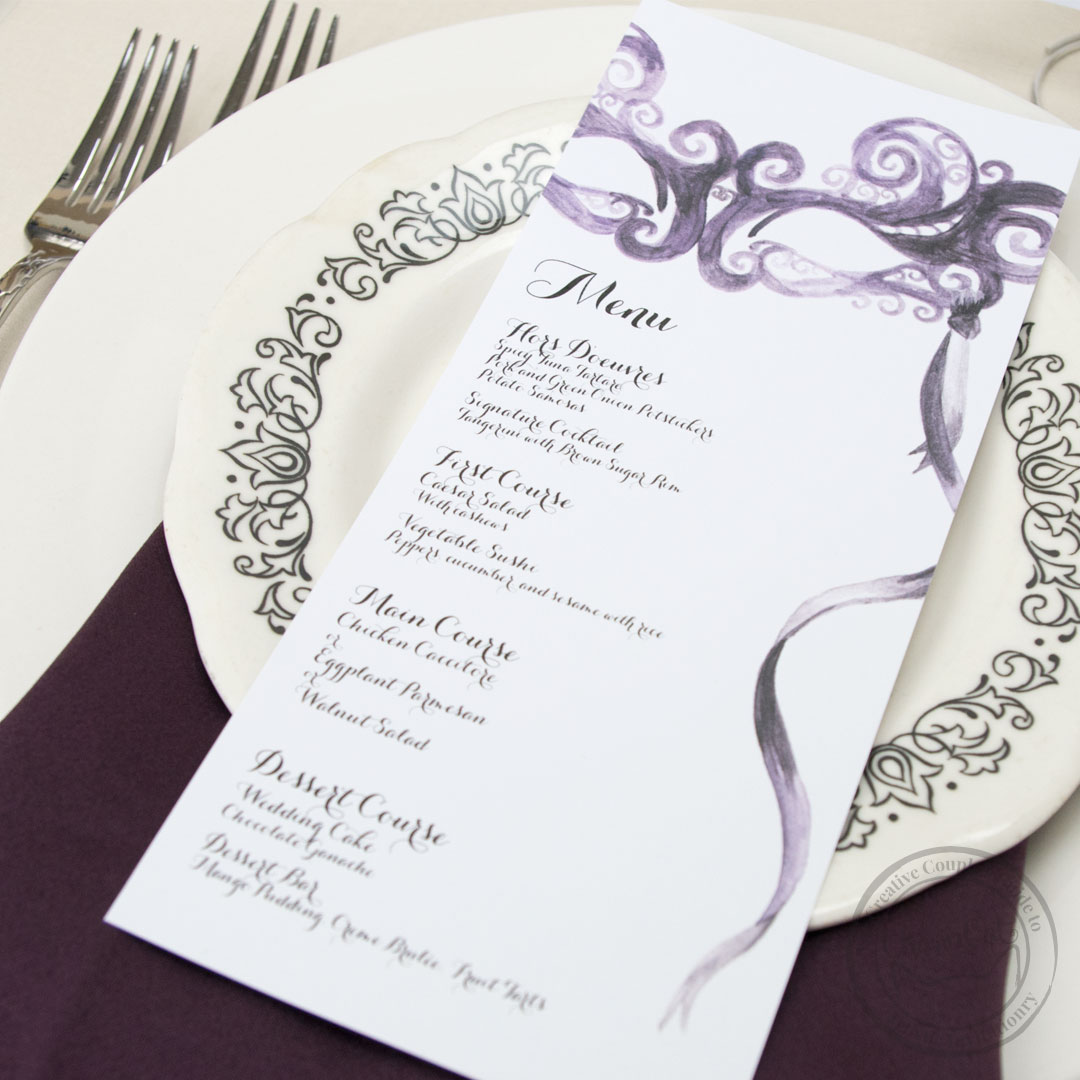 Have fun in style with these painted masquerade day of items. Menus, table numbers, place cards, escort cards. Any color! | Wedding Invitations by CharmCat Stationery & Design