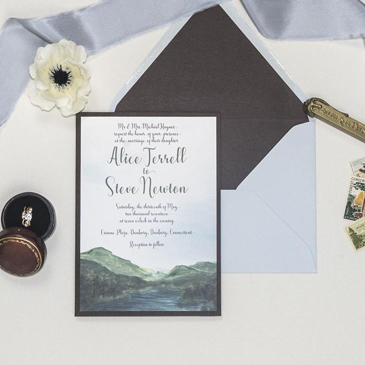 This hand painted landscape design shows off the beauty and vastness of nature, featuring a lush mountain range and tranquil lake scene. Completely customizable with colors, fonts, and papers. | Wedding Invitations by CharmCat | charmcat.net | CharmCat is a watercolor artist specializing in creating uniquely artistic stationery for weddings, birthdays, parties, offices, and everyday.