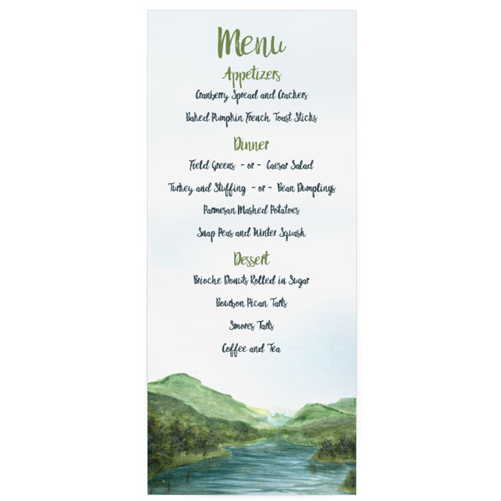 This hand painted landscape design shows off the beauty and vastness of nature, featuring a lush mountain range and tranquil lake scene. | Wedding Invitations by CharmCat Stationery & Design