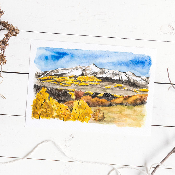 Watercolor landscape featuring golden autumn trees and rocky mountain landscape by CharmCat