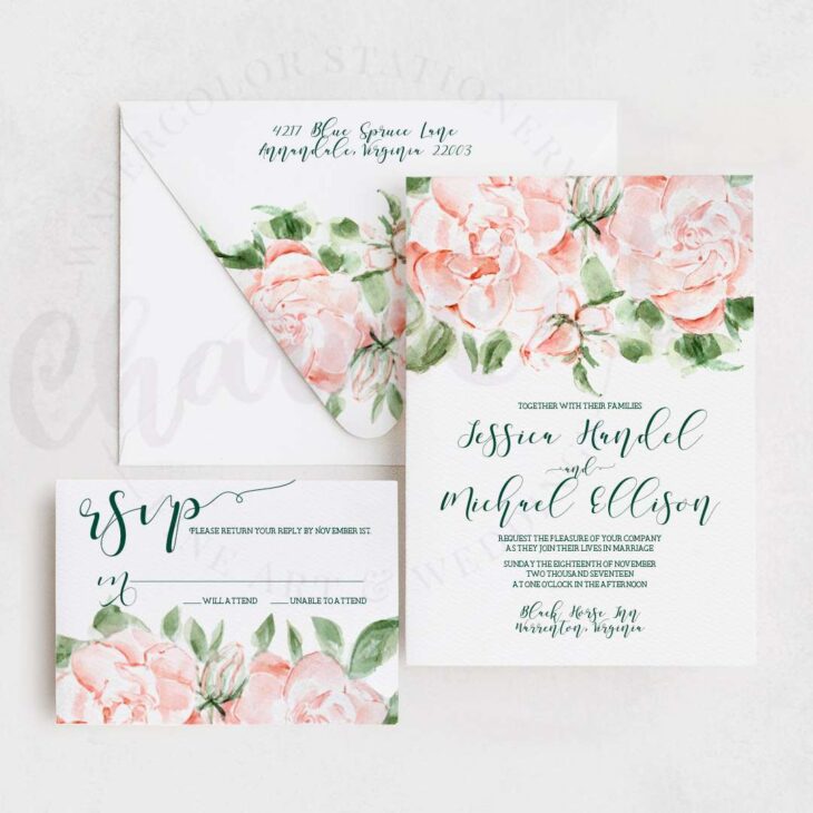 Coral watercolor gardenia wedding invitations